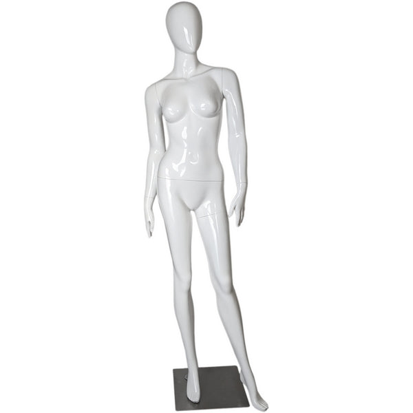 Abstract egghead Female Mannequins; Arms to sided and Right Leg Forward -  Chrome round Base; Semi-matte White Finish