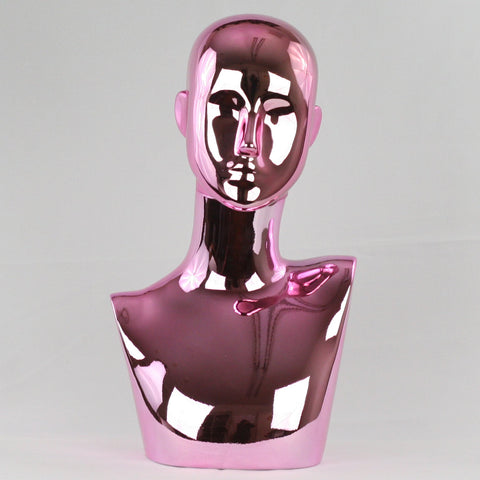 MN-442LTP #R Chrome Pink Female Abstract Mannequin Head Display with Pierced Ears (LESS THAN PERFECT, FINAL SALE)