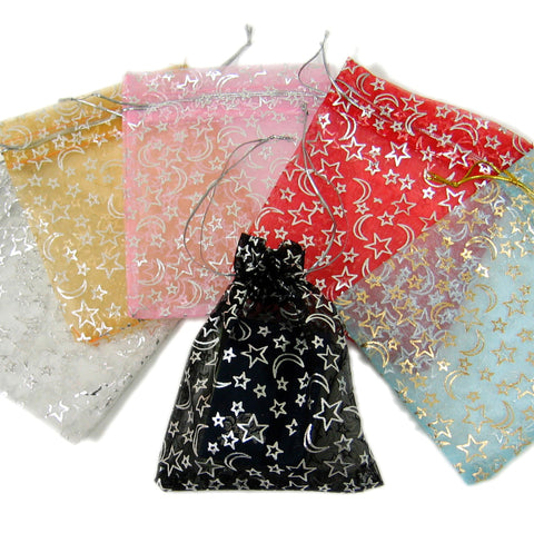 BG-022 Stars and Moons Sheer Mesh Organza Drawstring Gift Bag Pouch - 4.72" x 5.91"