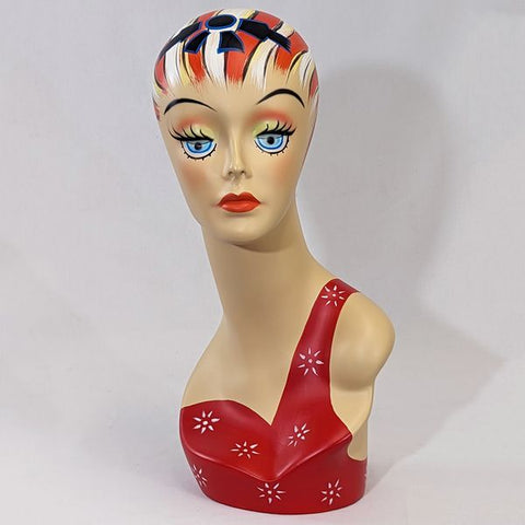 MN-203 Female Mannequin Head Form with Colorful Vintage Style Painted Look
