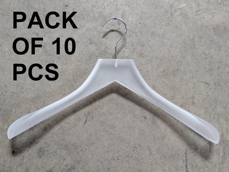 MN-AZ4 (USED) 17" Heavy Weight Contoured Frosted Acrylic Coat Hangers - Pack of 10 (FINAL SALE)