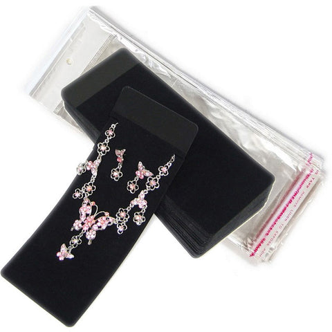 PG-065 100 pcs Black Flocked Velvet Plastic Jewelry Set Necklace, Bracelets, Earrings Card WITH BAGS
