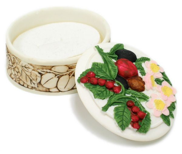 BX-048 Vineyard Fruits Mini Polyresin Oval Jewelry Container with Lid - DisplayImporter